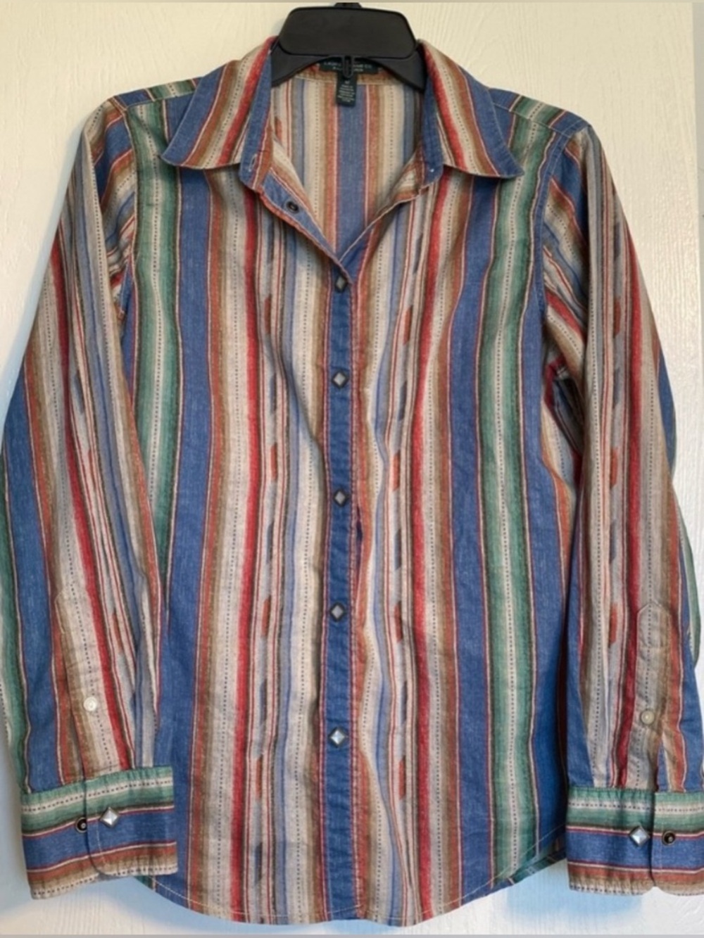 Lauren Ralph Lauren Striped Pearl Snap Button Cotton Shirt Multi Color Women M